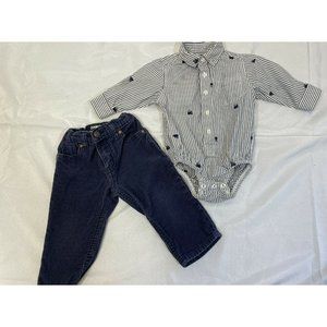 OshKosh 12 M Toddler Baby Outfit Corduroy Pants Striped Navy Train Shirt Snap